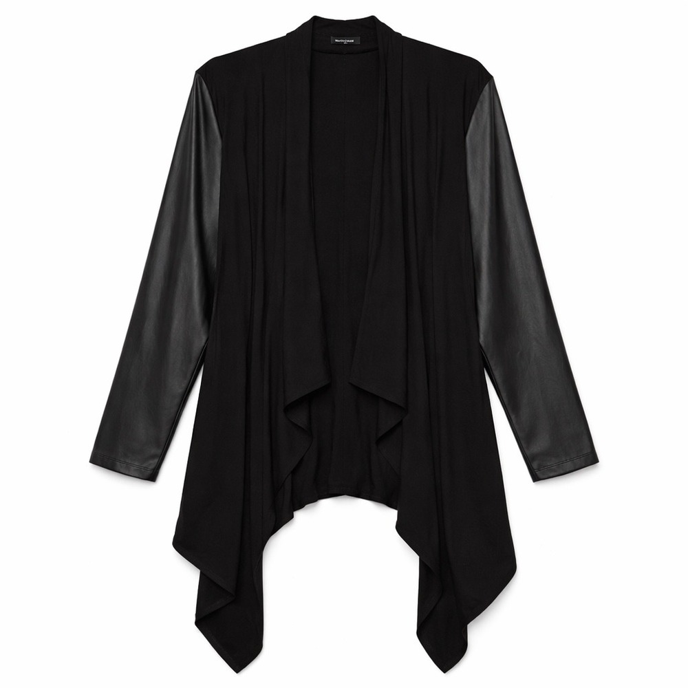 Torrid‎ Black Drape Front Jacket Size 4 Plus Size Faux Leather Sleeve Cardigan